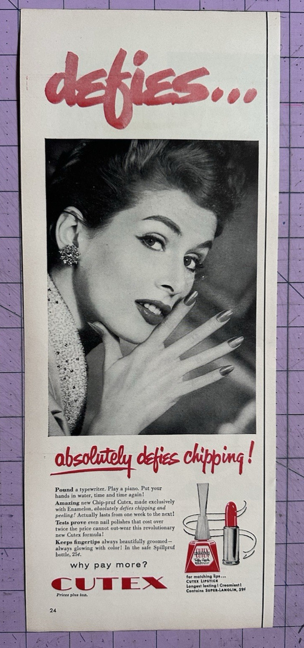 1955 Cutex Red Nail Polish Defies Chipping Cosmetic Ad